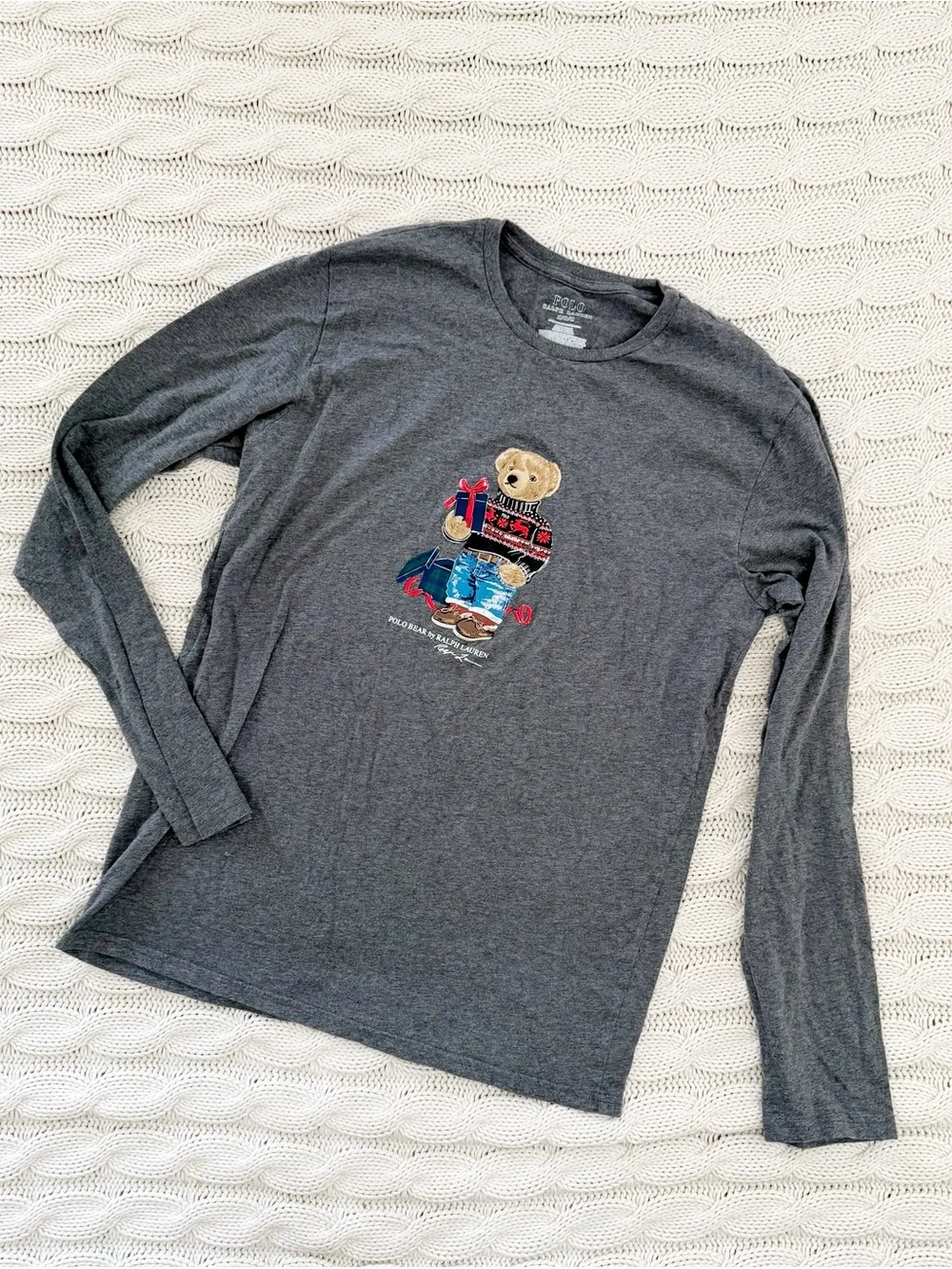 Polo by Ralph Lauren Men's Grey Long-Sleeve Bear Graphic Tee